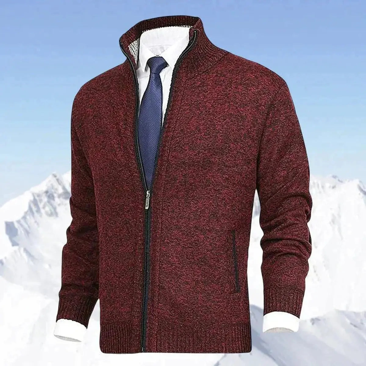 Men's Zip-Up Knit Fleece-Lined Mens Cardigan Jumper Stand Collar - Red