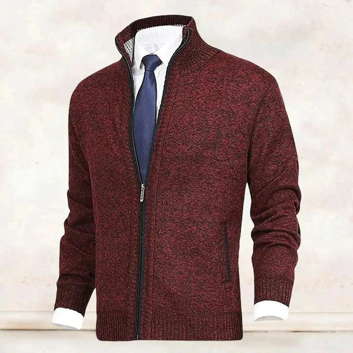 Men's Zip-Up Knit Fleece-Lined Mens Cardigan Jumper Stand Collar