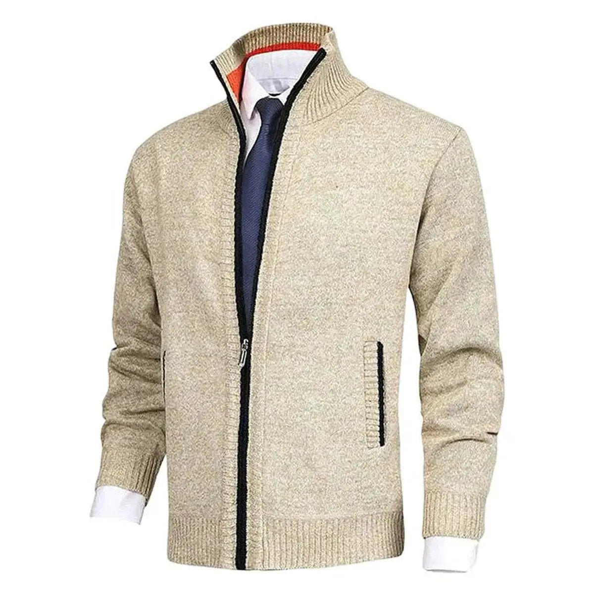 Men's Zip-Up Knit Fleece-Lined Mens Cardigan Jumper Stand Collar
