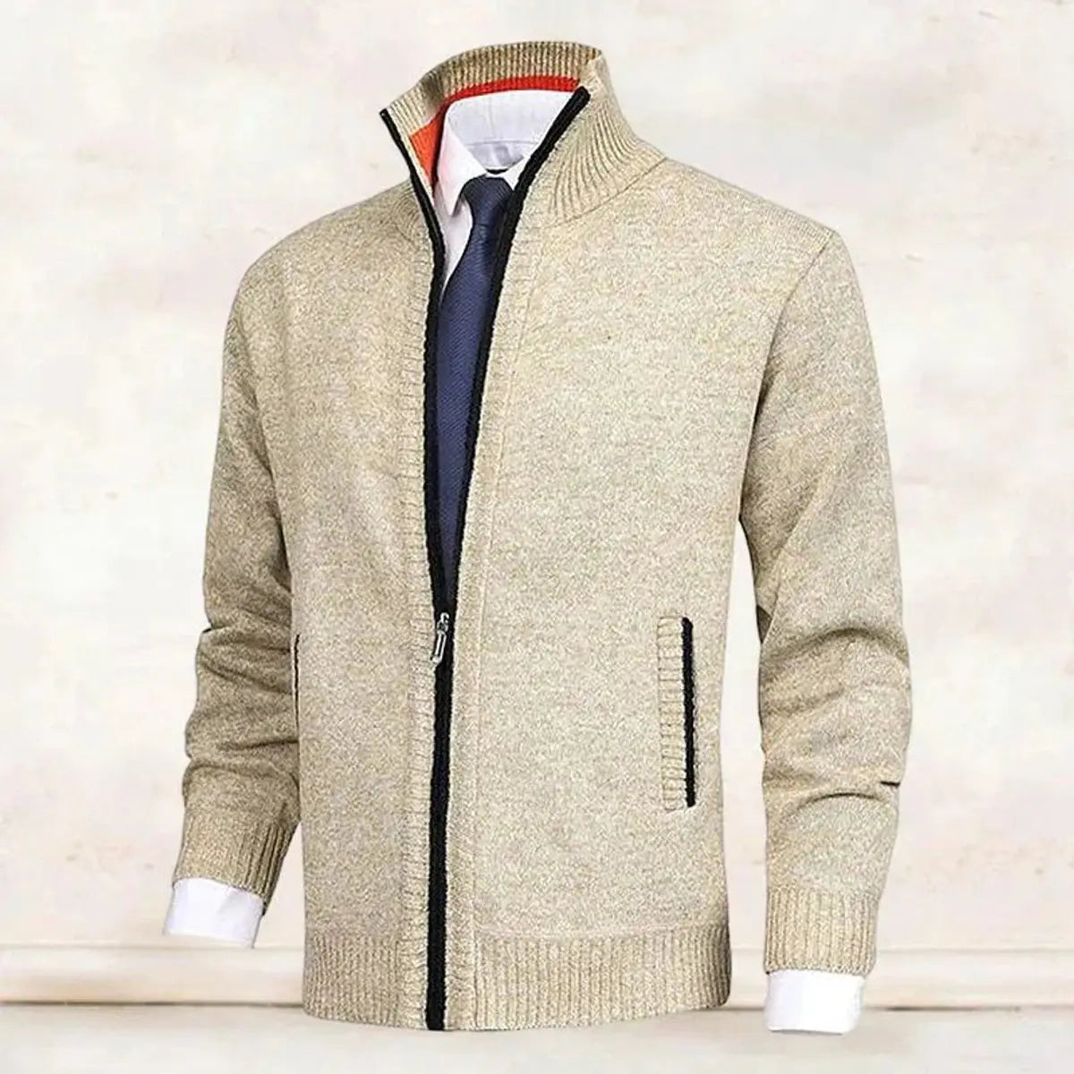 Men's Zip-Up Knit Fleece-Lined Mens Cardigan Jumper Stand Collar