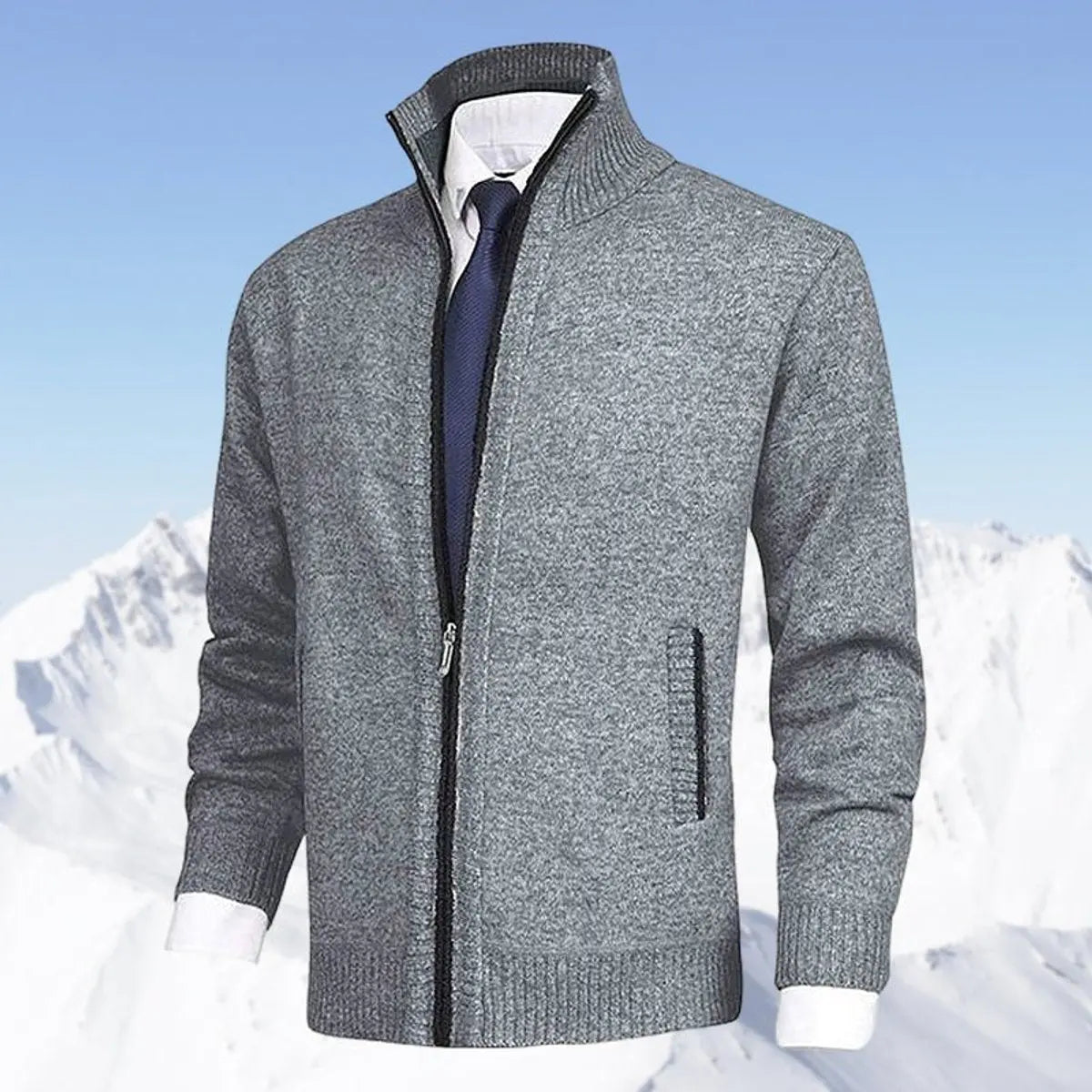 Men's Zip-Up Knit Fleece-Lined Mens Cardigan Jumper Stand Collar - Light Grey