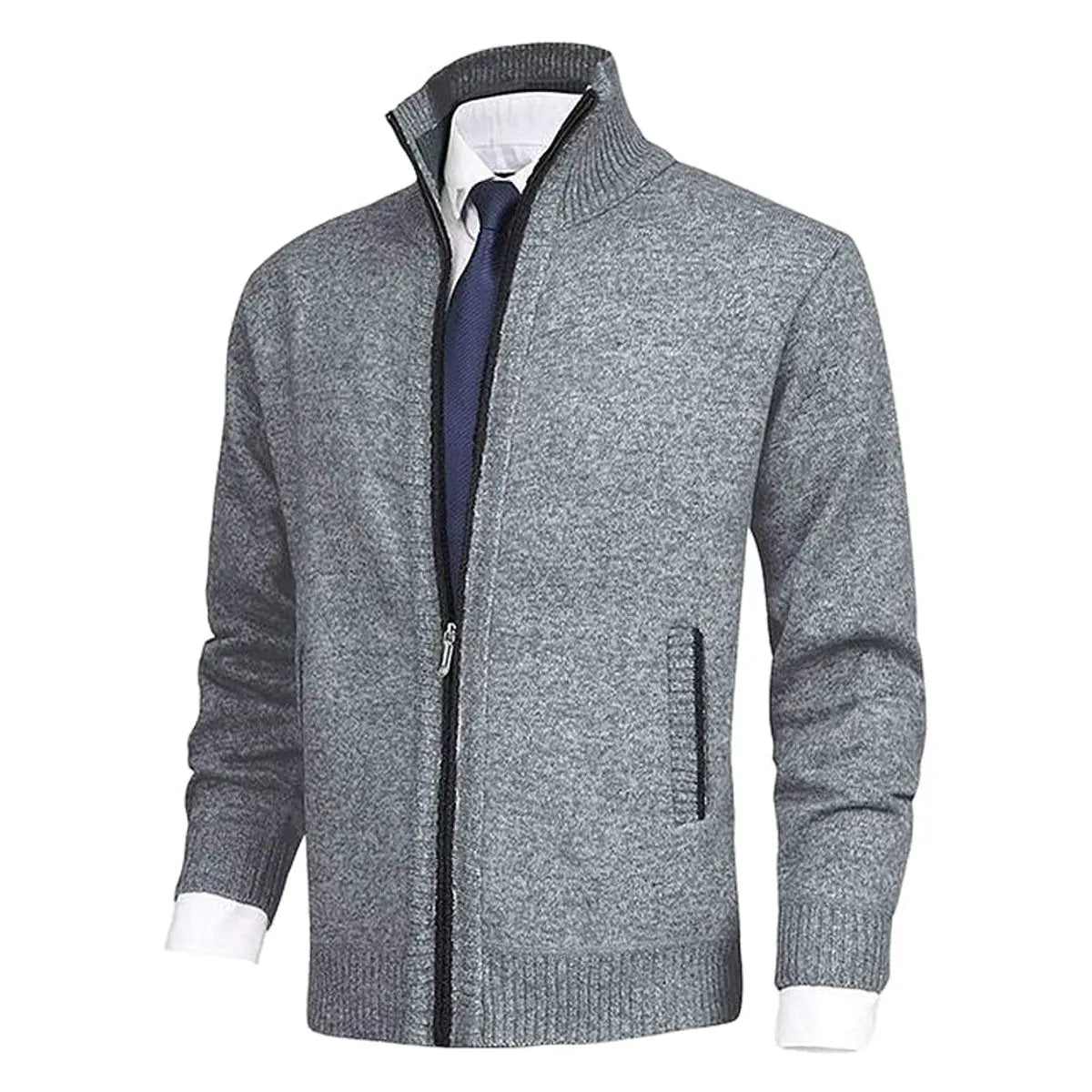 Men's Zip-Up Knit Fleece-Lined Mens Cardigan Jumper Stand Collar