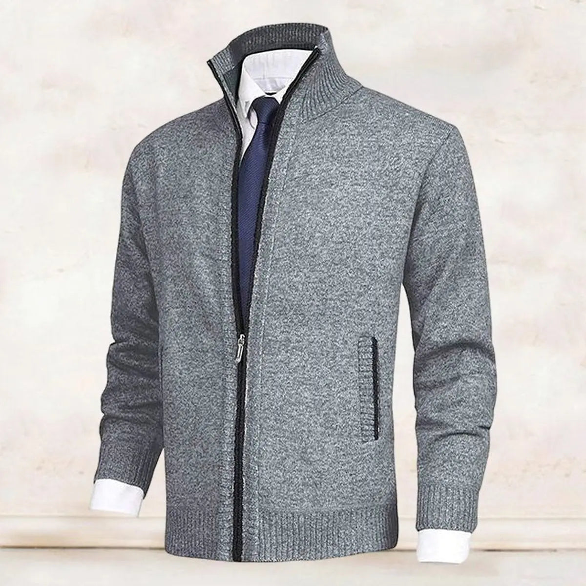 Men's Zip-Up Knit Fleece-Lined Mens Cardigan Jumper Stand Collar