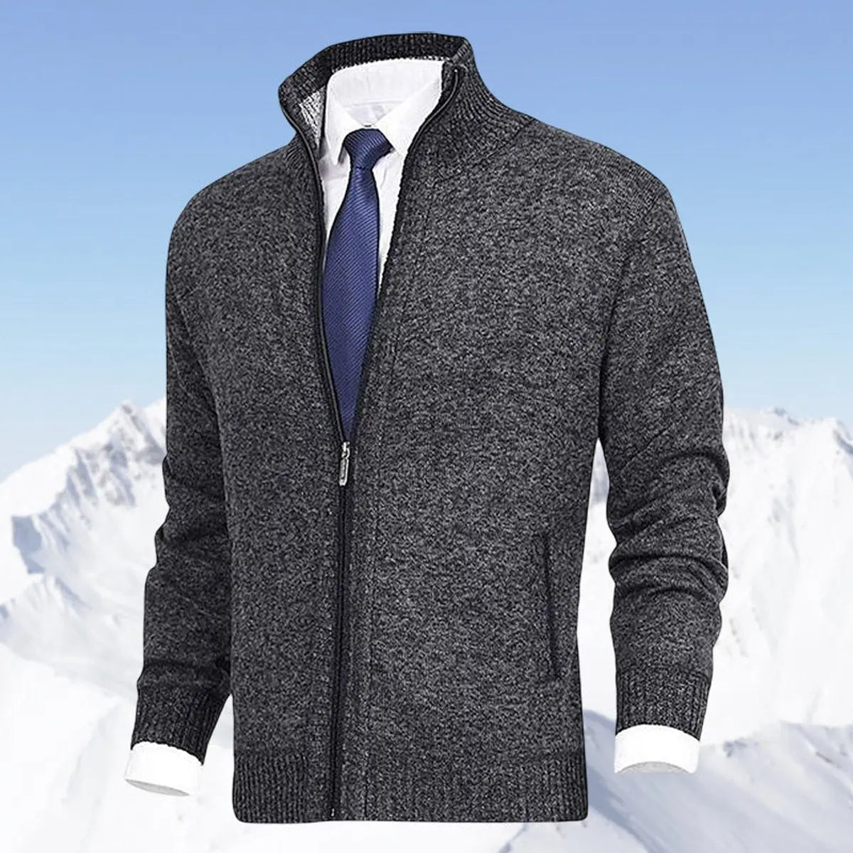 Men's Zip-Up Knit Fleece-Lined Mens Cardigan Jumper Stand Collar - Dark Grey