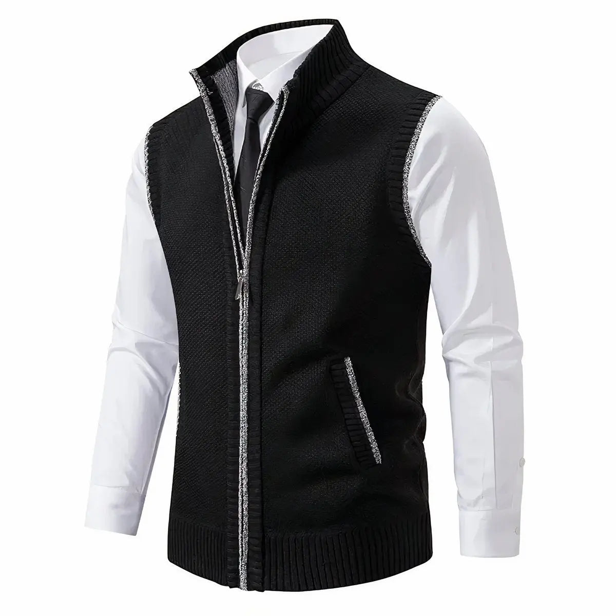 Men's Zip-Up Sleeveless Knit Mens Cardigan Sweater Vest - Black