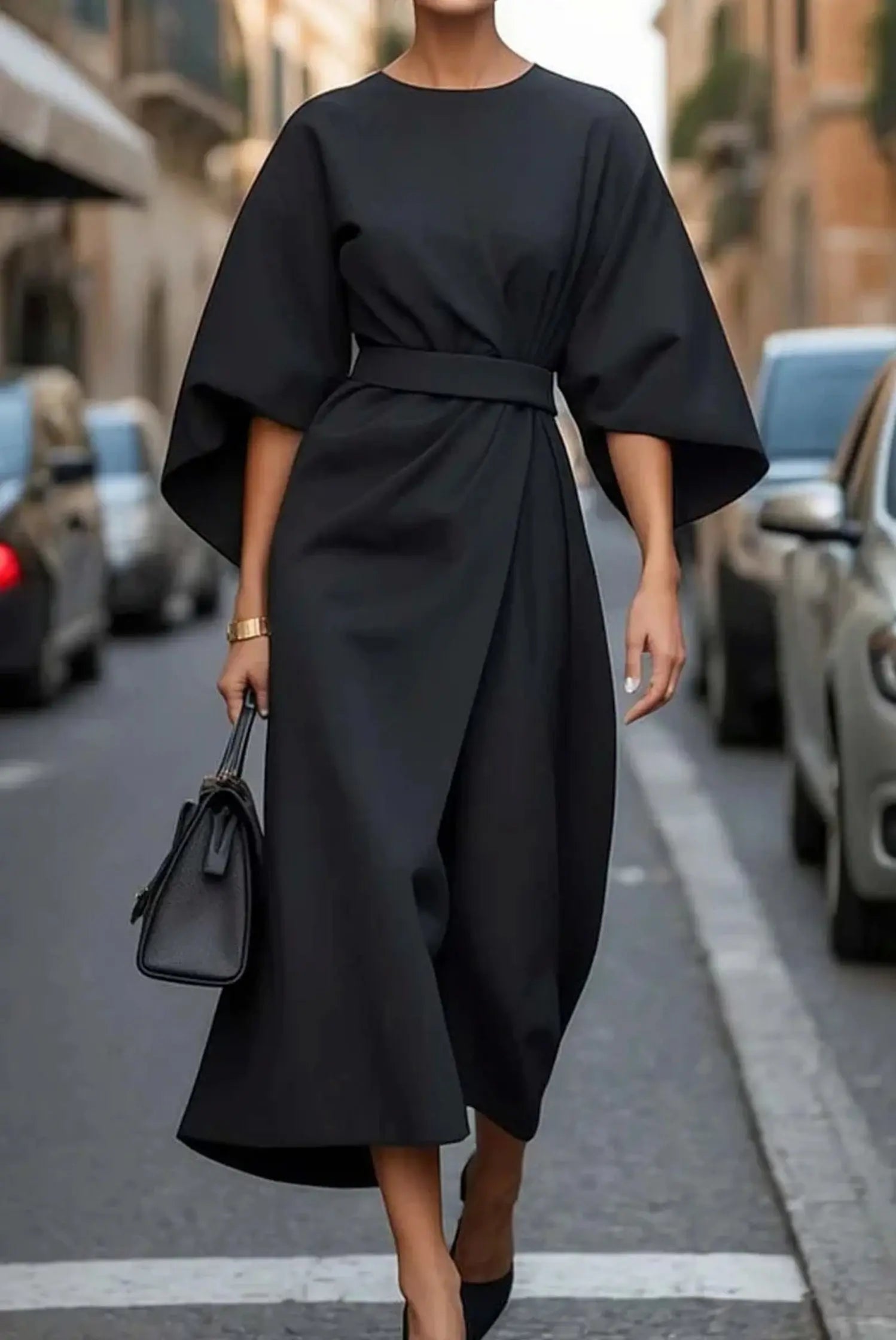 Midi Dress Balloon Sleeves Belted Wrap Style Elegant