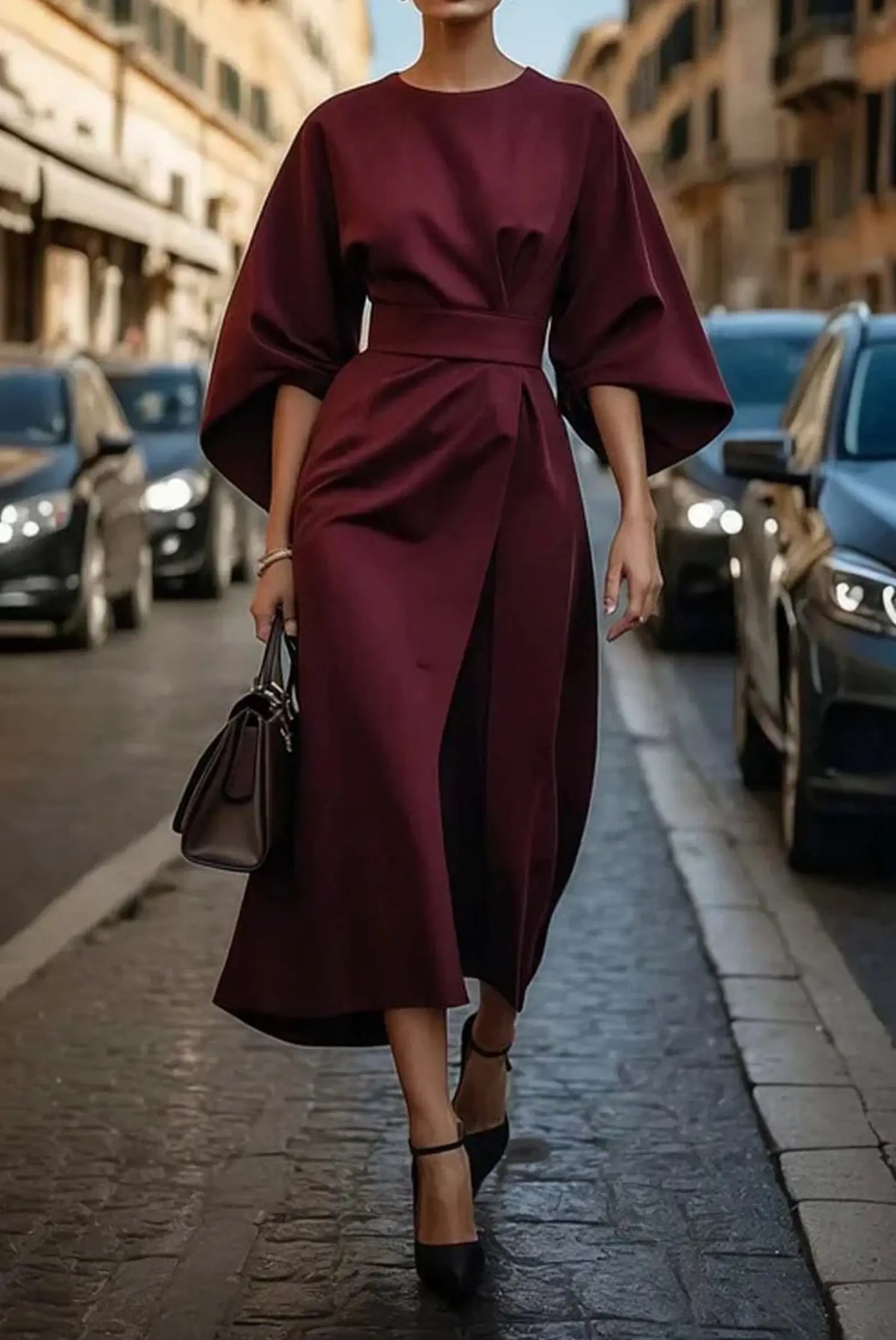 Midi Dress Balloon Sleeves Belted Wrap Style Elegant - Burgundy