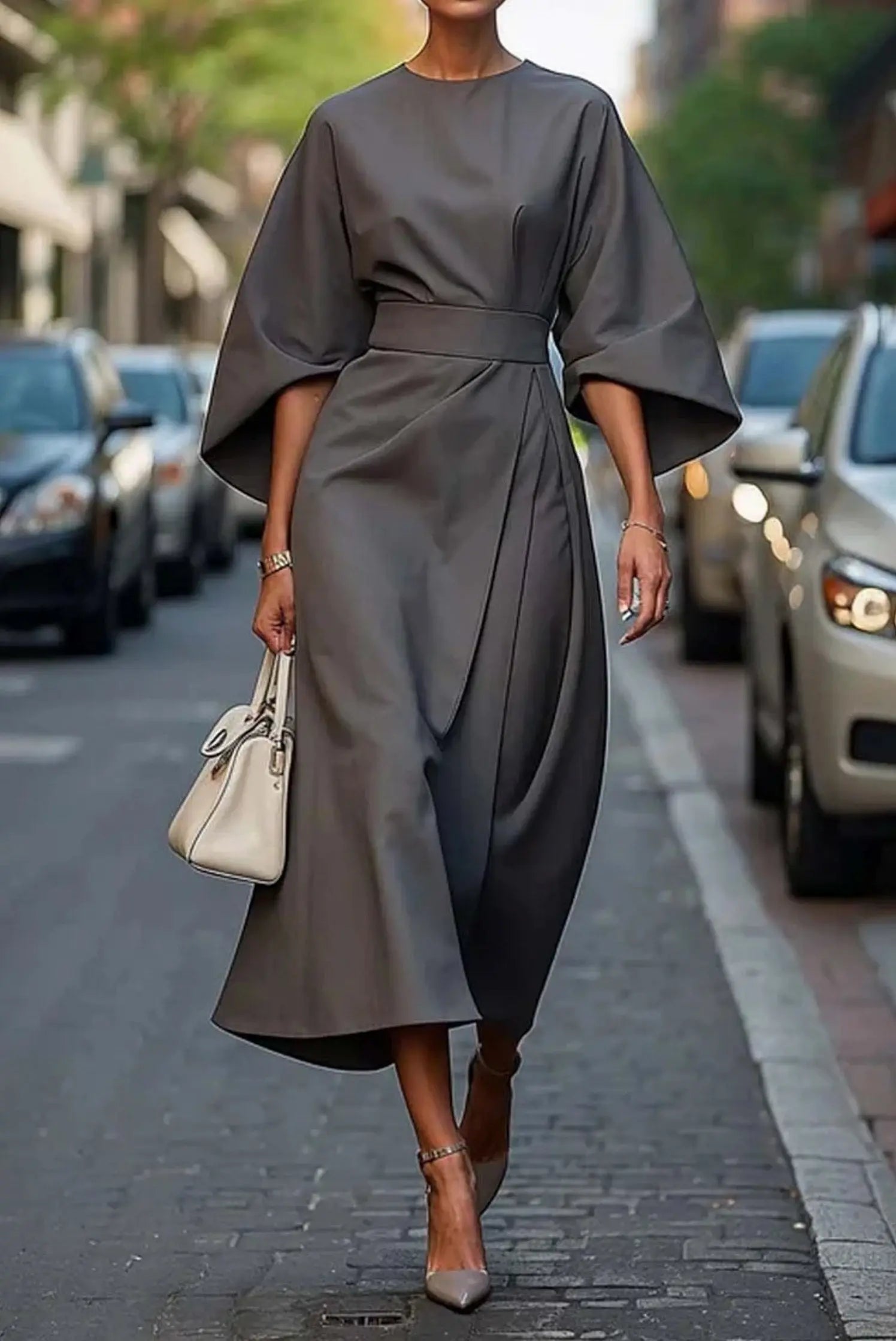 Midi Dress Balloon Sleeves Belted Wrap Style Elegant - Gray