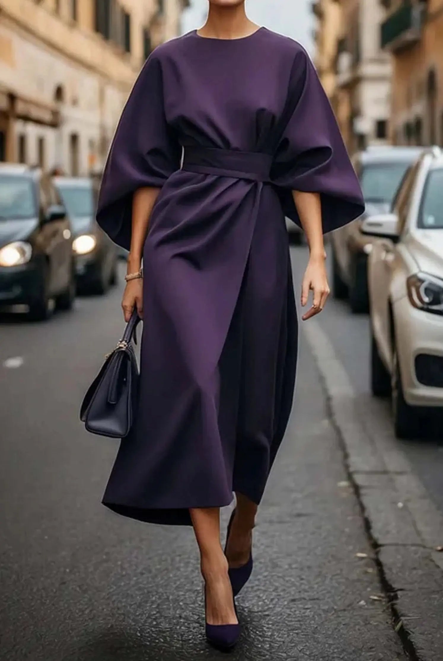 Midi Dress Balloon Sleeves Belted Wrap Style Elegant - Purple