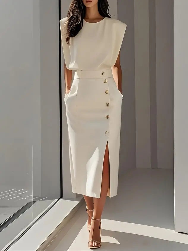 Midi Dress Button Detail Round Neckline Sleeveless - Beige