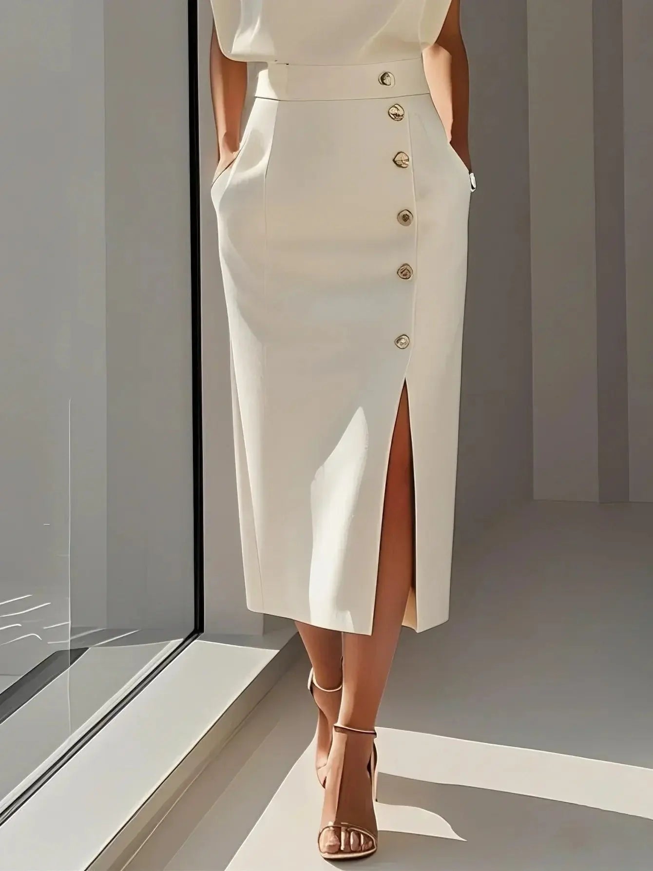 Midi Dress Button Detail Round Neckline Sleeveless