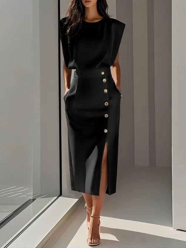 Midi Dress Button Detail Round Neckline Sleeveless - Black