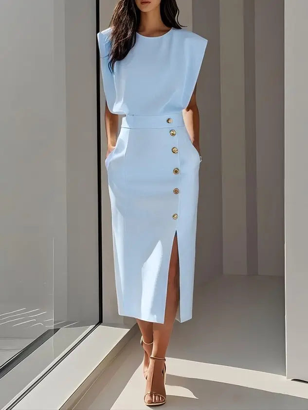Midi Dress Button Detail Round Neckline Sleeveless - Light Blue