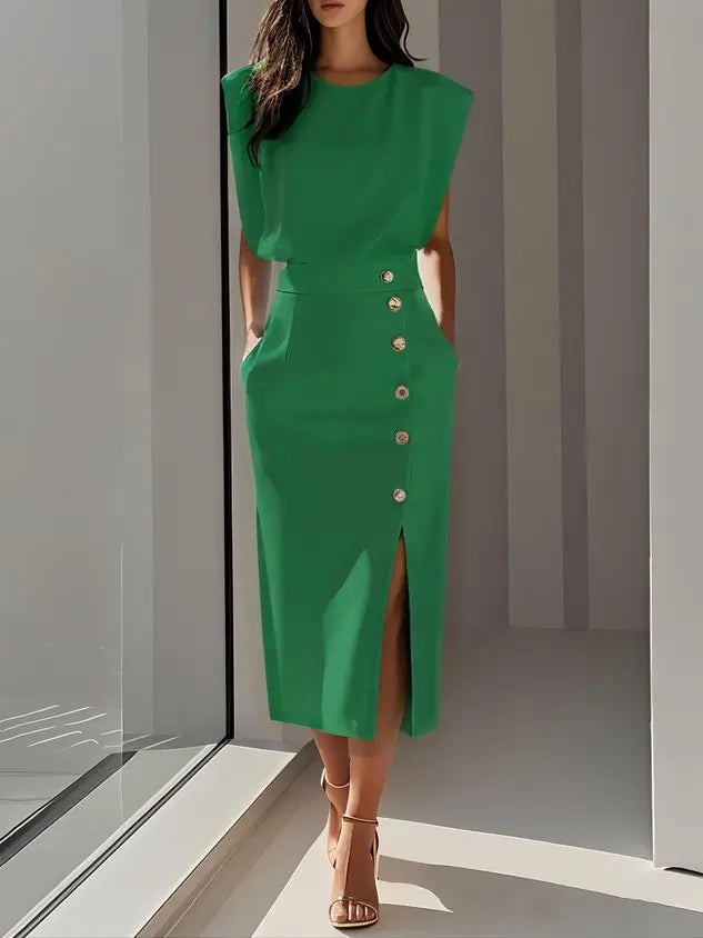 Midi Dress Button Detail Round Neckline Sleeveless - Green