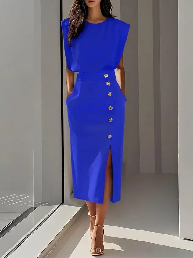 Midi Dress Button Detail Round Neckline Sleeveless - Royal Blue
