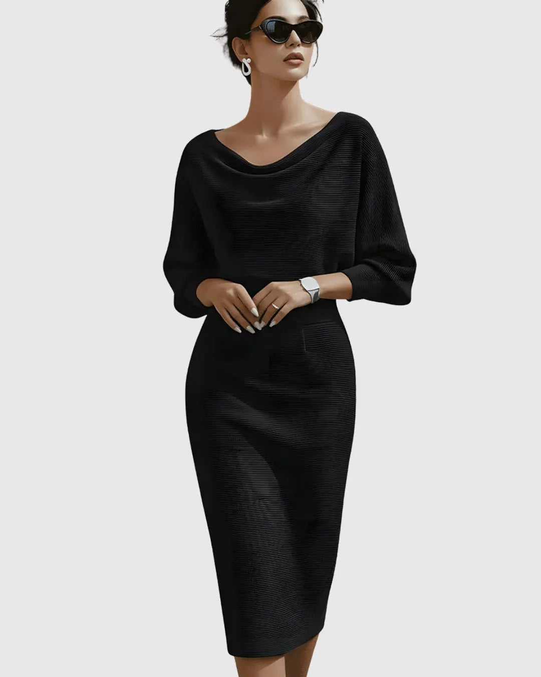 Midi Dress Draped Cowl Neck Batwing Sleeves Knit