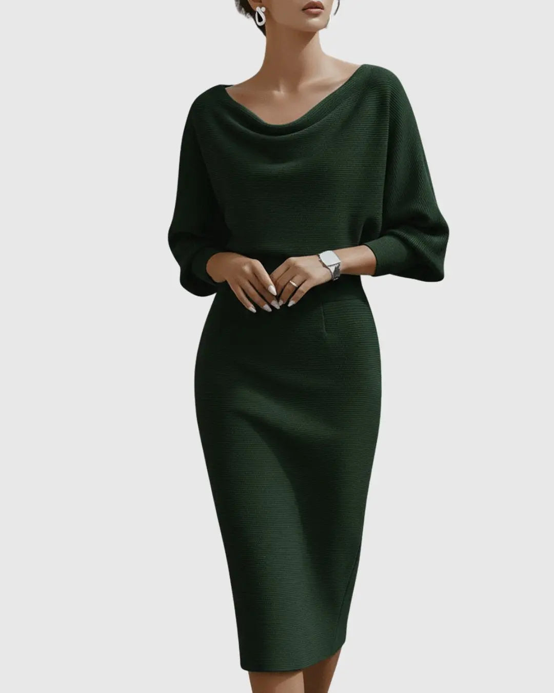 Midi Dress Draped Cowl Neck Batwing Sleeves Knit