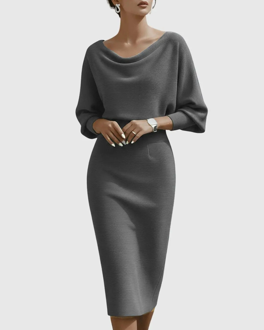 Midi Dress Draped Cowl Neck Batwing Sleeves Knit - Grey