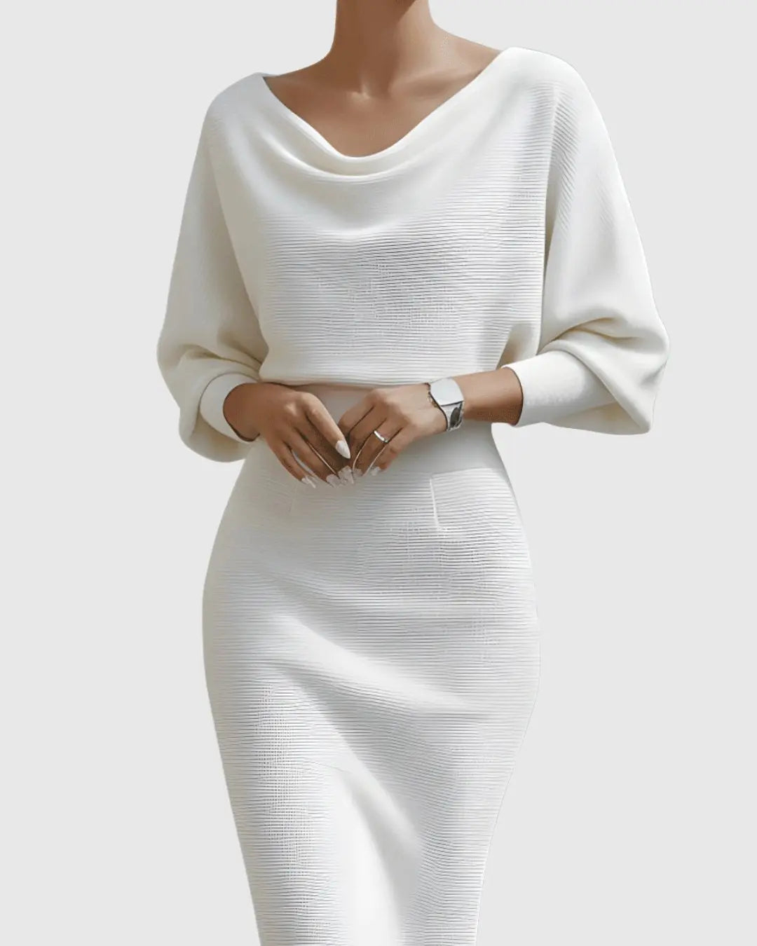 Midi Dress Draped Cowl Neck Batwing Sleeves Knit