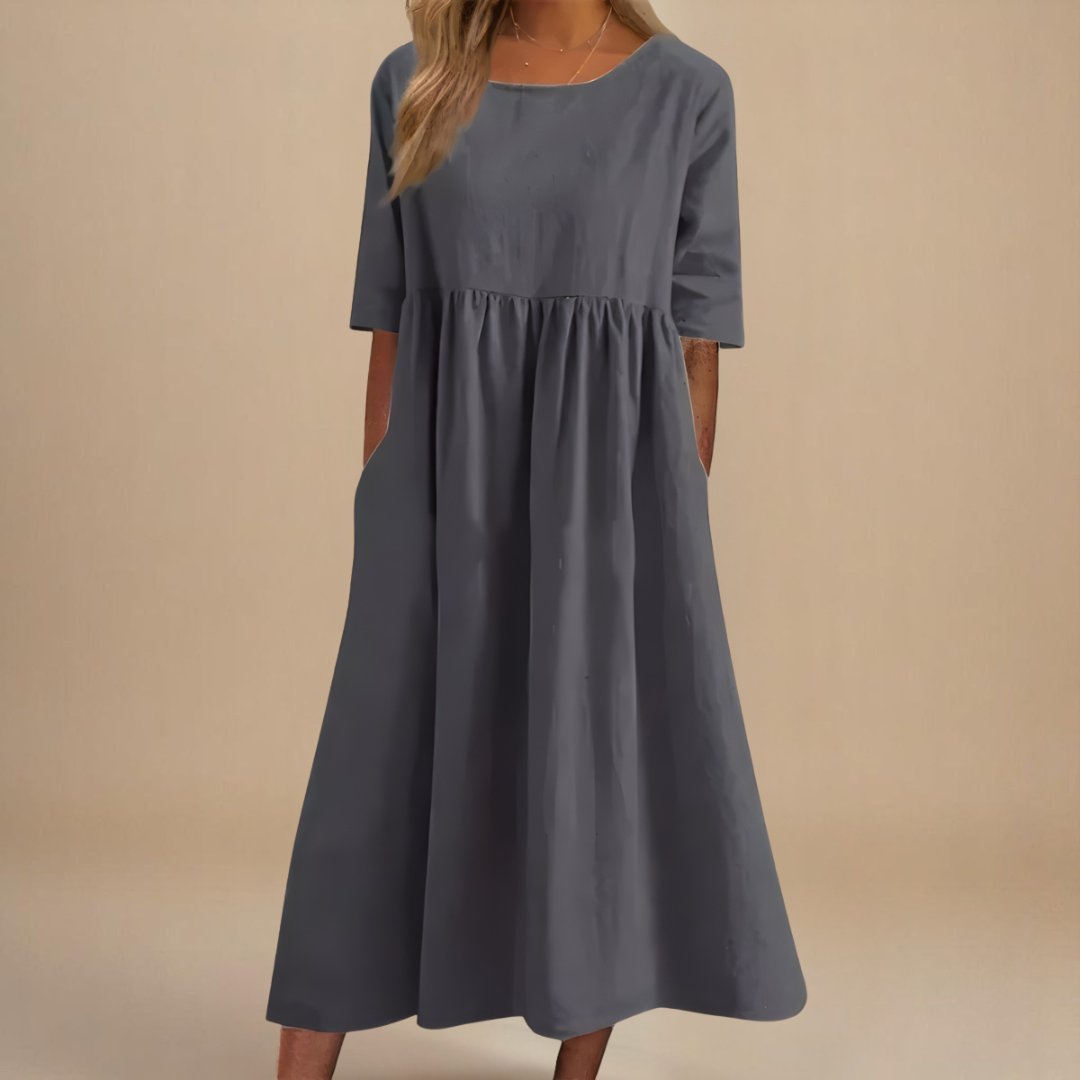 Midi Dress Gathered Waist Linen Half Sleeve - Gray