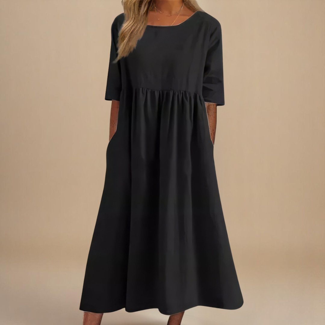 Midi Dress Gathered Waist Linen Half Sleeve - Black