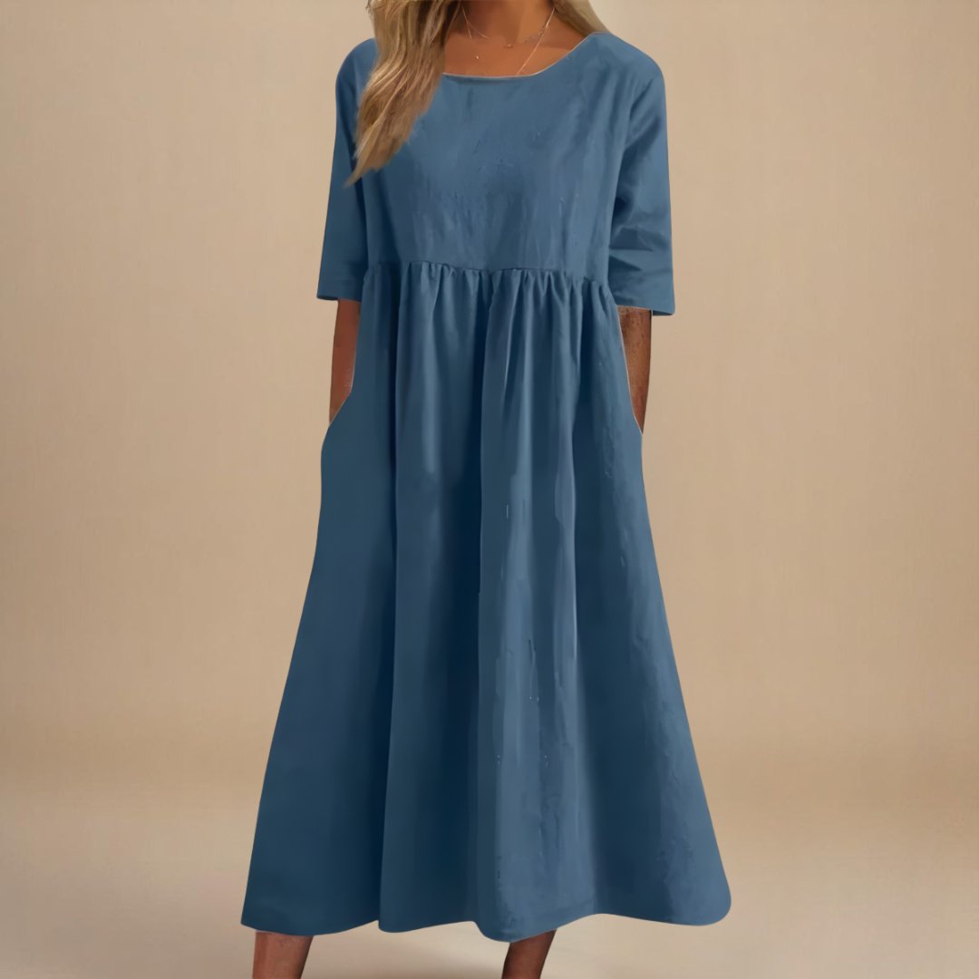 Midi Dress Gathered Waist Linen Half Sleeve - Slate Blue