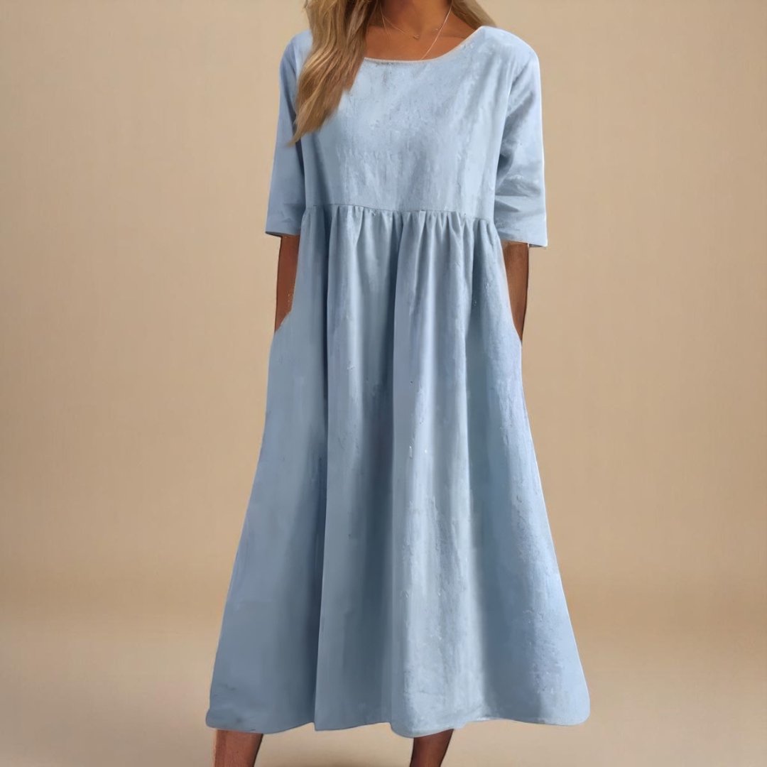 Midi Dress Gathered Waist Linen Half Sleeve - Light Blue