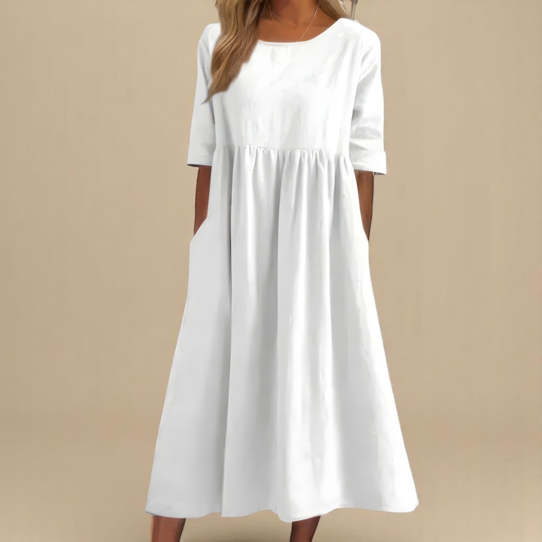 Midi Dress Gathered Waist Linen Half Sleeve - White