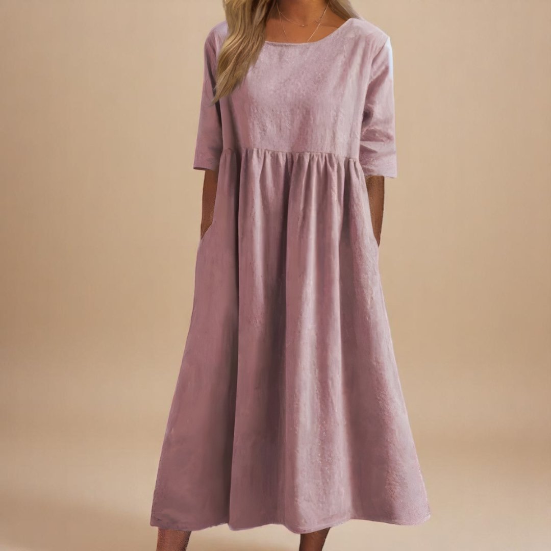 Midi Dress Gathered Waist Linen Half Sleeve - Dusty Pink