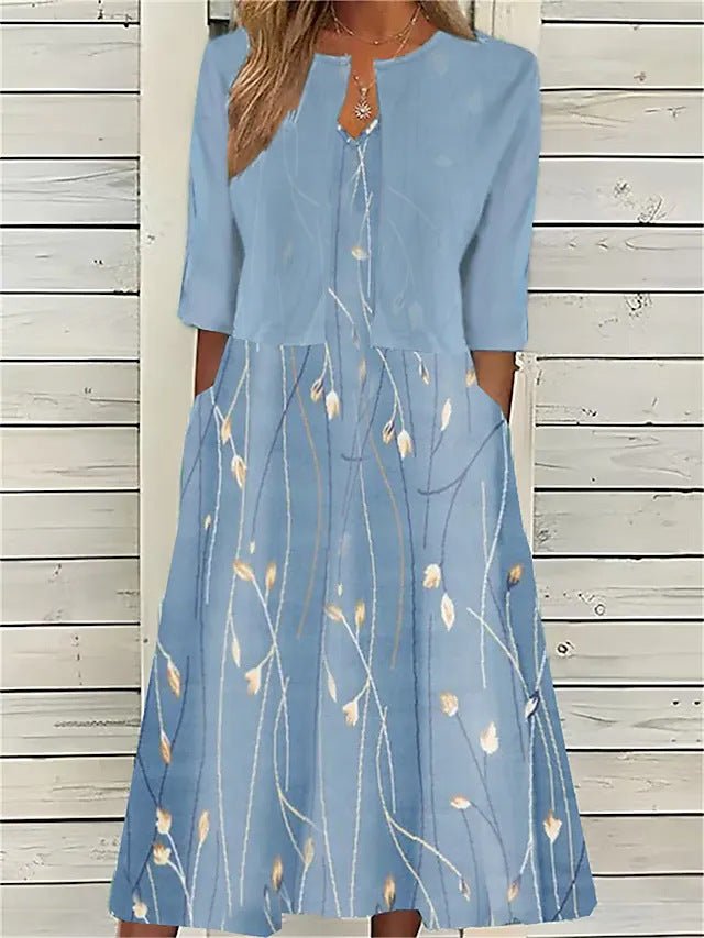 Midi Dress Half Sleeves Round Neck Floral Pattern