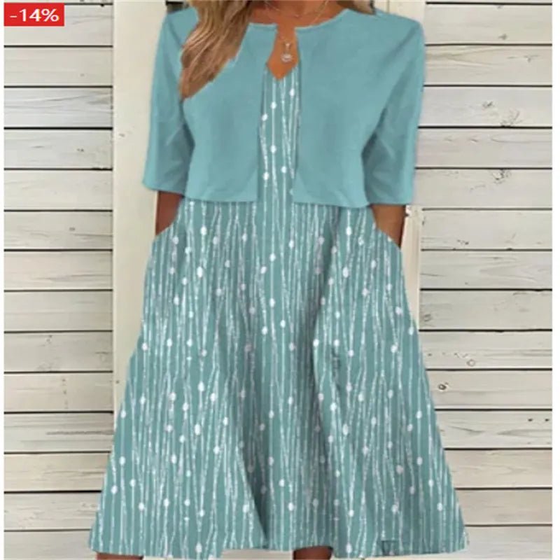 Midi Dress Half Sleeves Round Neck Floral Pattern - Grünblau