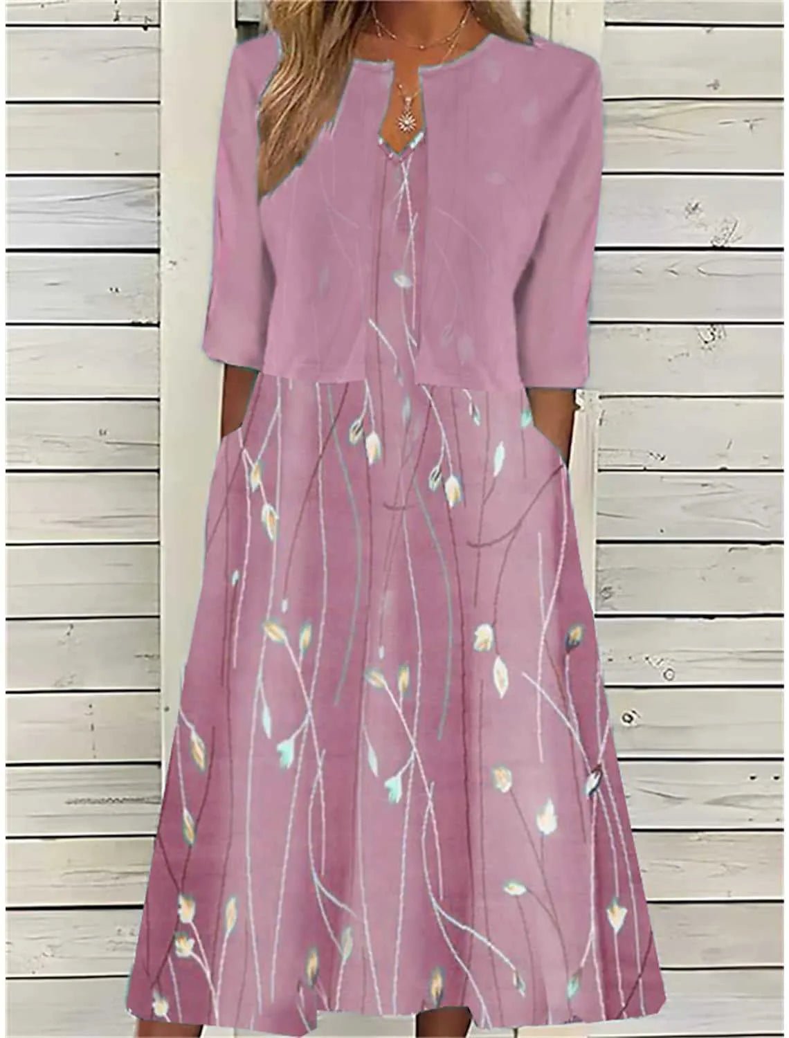 Midi Dress Half Sleeves Round Neck Floral Pattern - Rosa