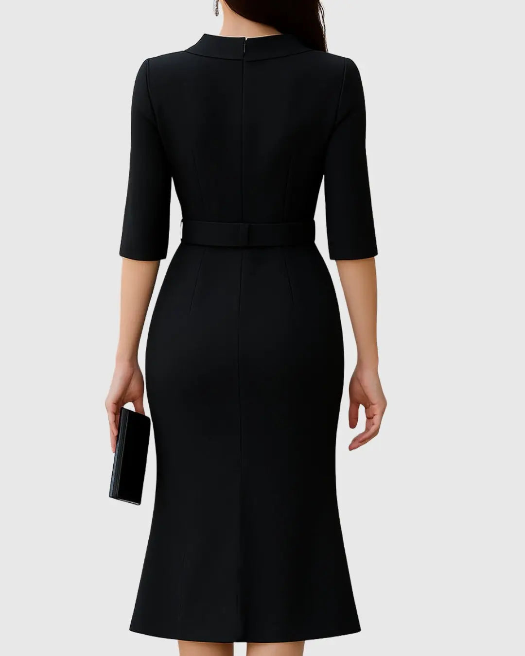 Midi Dress High Neck Belted Waist Split Sleeve Detail