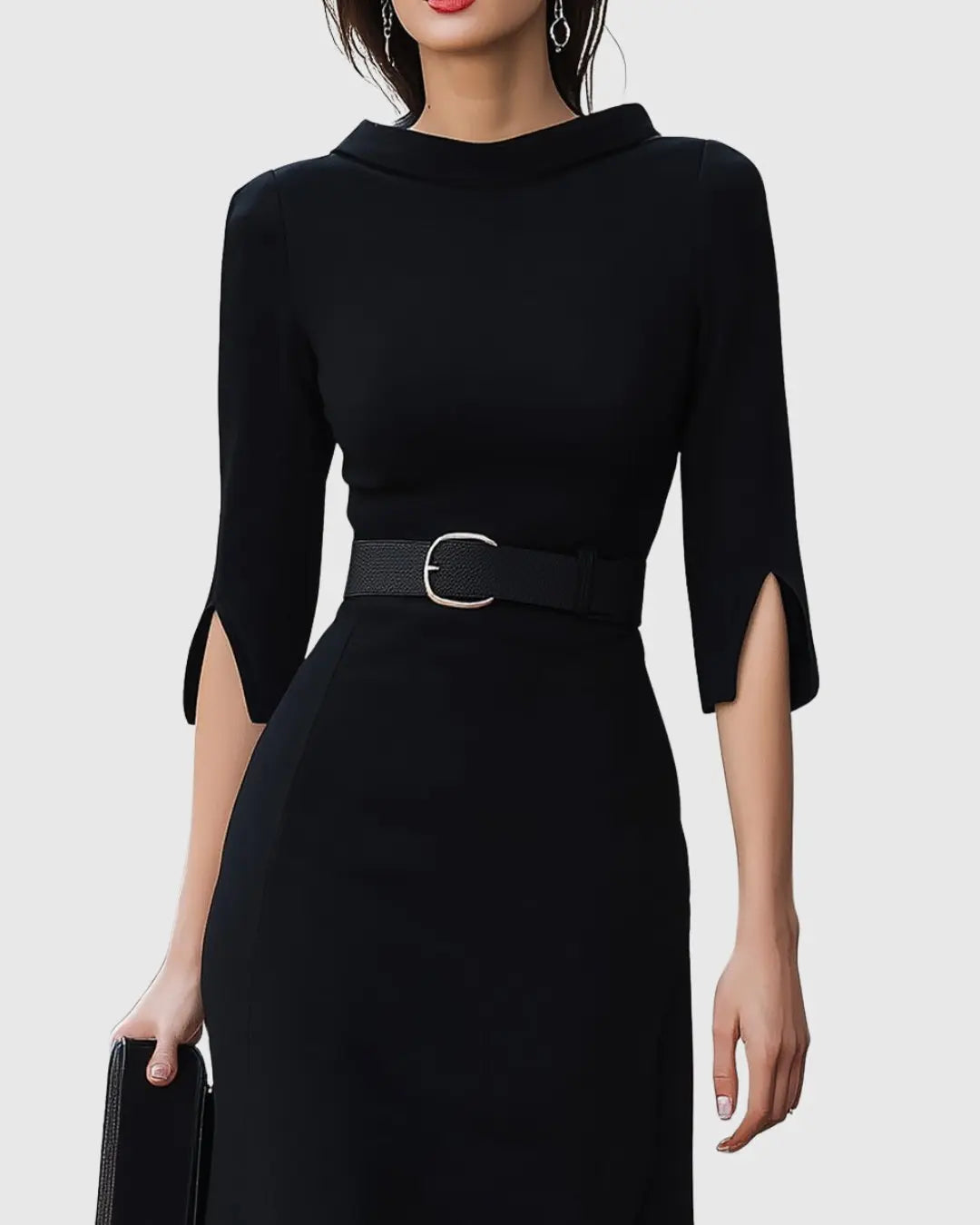 Midi Dress High Neck Belted Waist Split Sleeve Detail