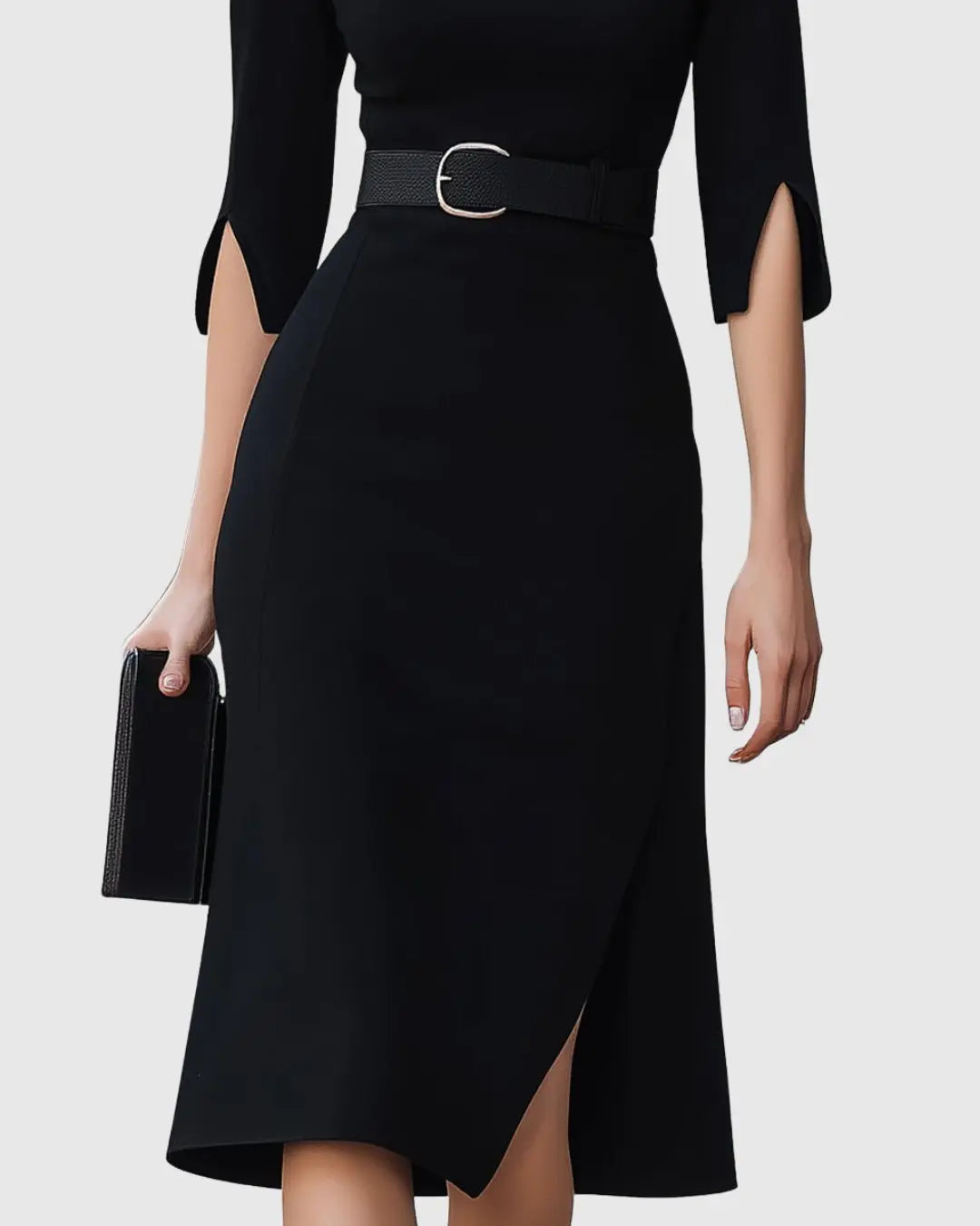 Midi Dress High Neck Belted Waist Split Sleeve Detail