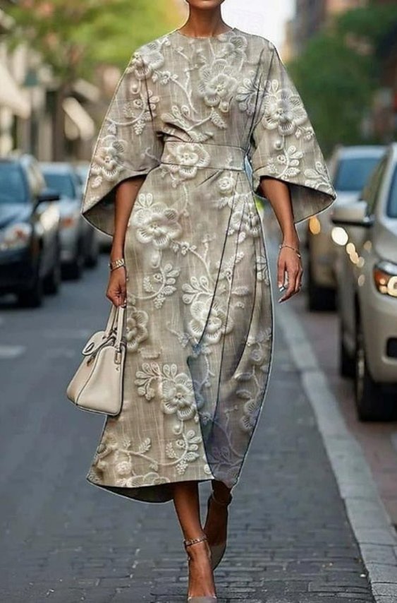 Midi Dress Kimono Sleeve Embroidered Belted - Beige