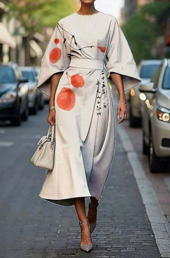 Midi Dress Kimono Sleeve Embroidered Belted - Off White