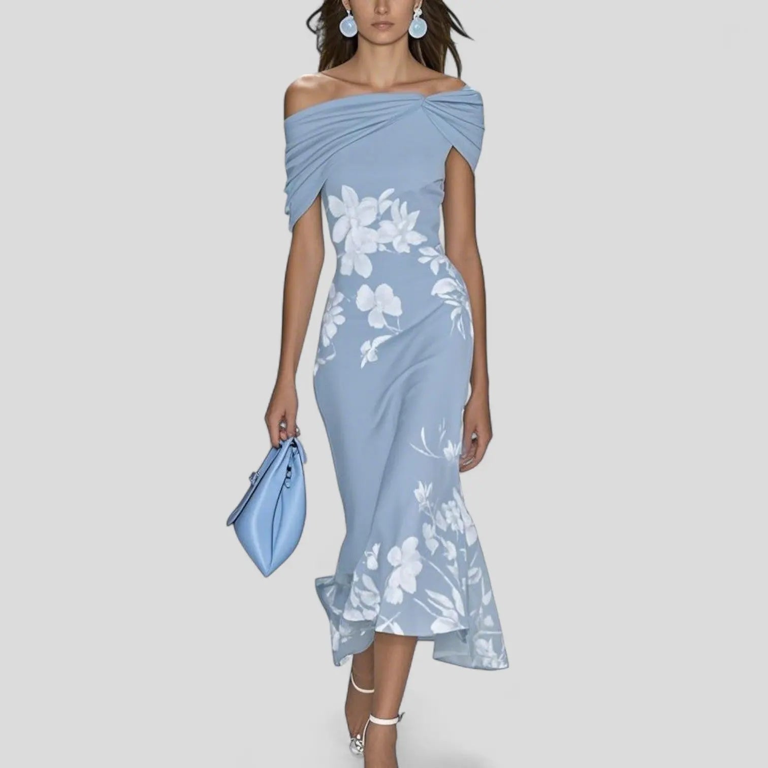 Midi Dress Off-Shoulder Floral Print Twist Front - Blue