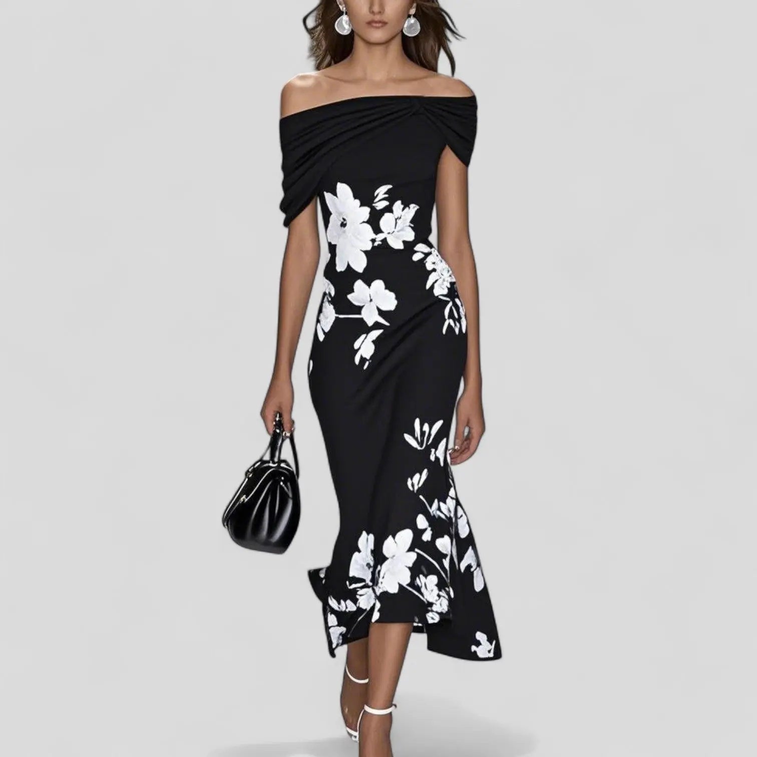 Midi Dress Off-Shoulder Floral Print Twist Front - Black