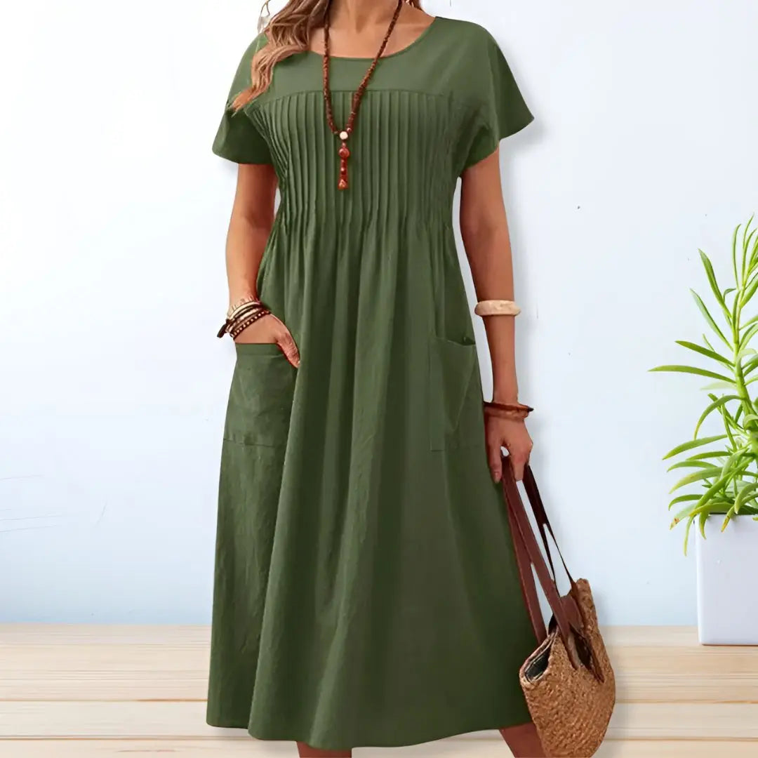 Midi Dress Relaxed Fit Short Sleeve Pleated Front Pockets - Green