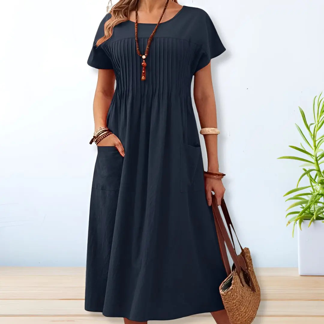 Midi Dress Relaxed Fit Short Sleeve Pleated Front Pockets - Blue