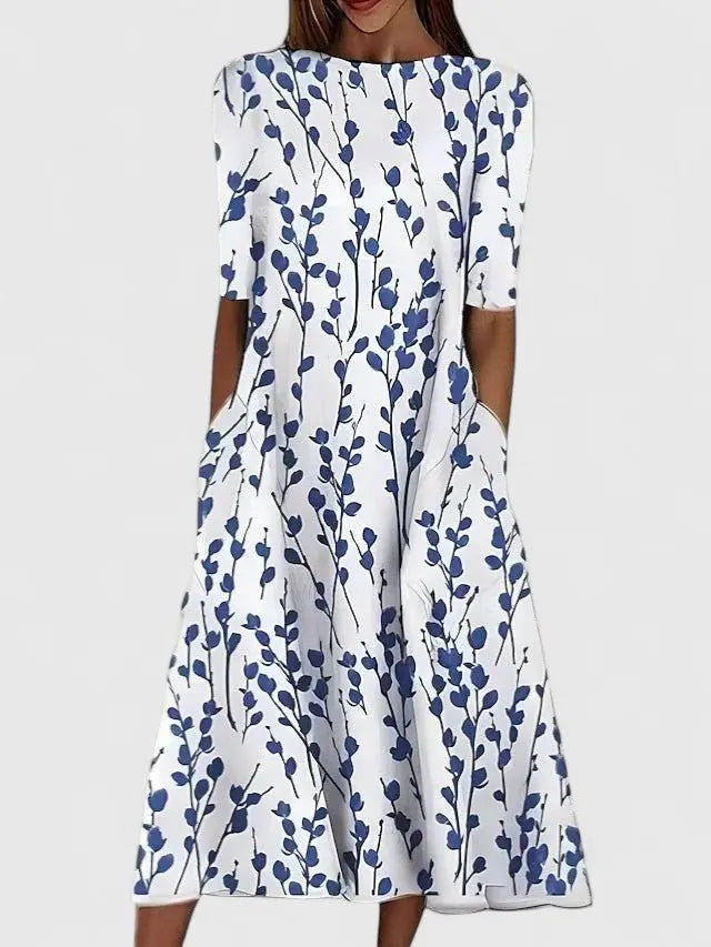 Midi Dress Round Neck Floral Print Short Sleeve - Blue