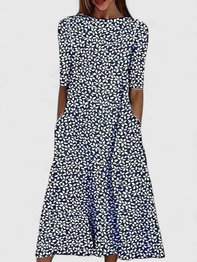 Midi Dress Round Neck Floral Print Short Sleeve - Dark Blue