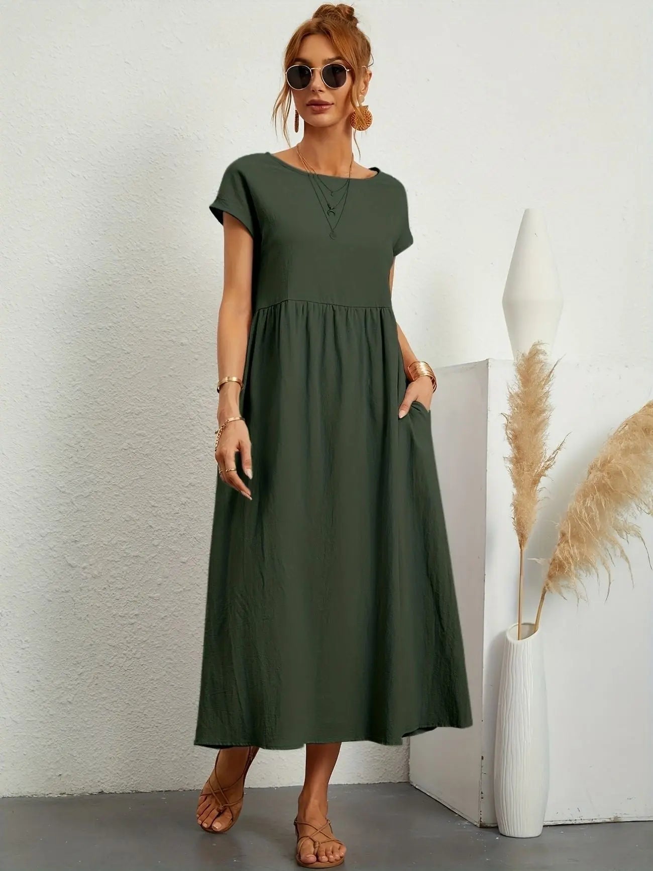Midi Dress Round Neck Short Sleeve Pleated Empire Waist - Dark Green