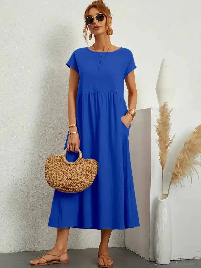 Midi Dress Round Neck Short Sleeve Pleated Empire Waist - Blue