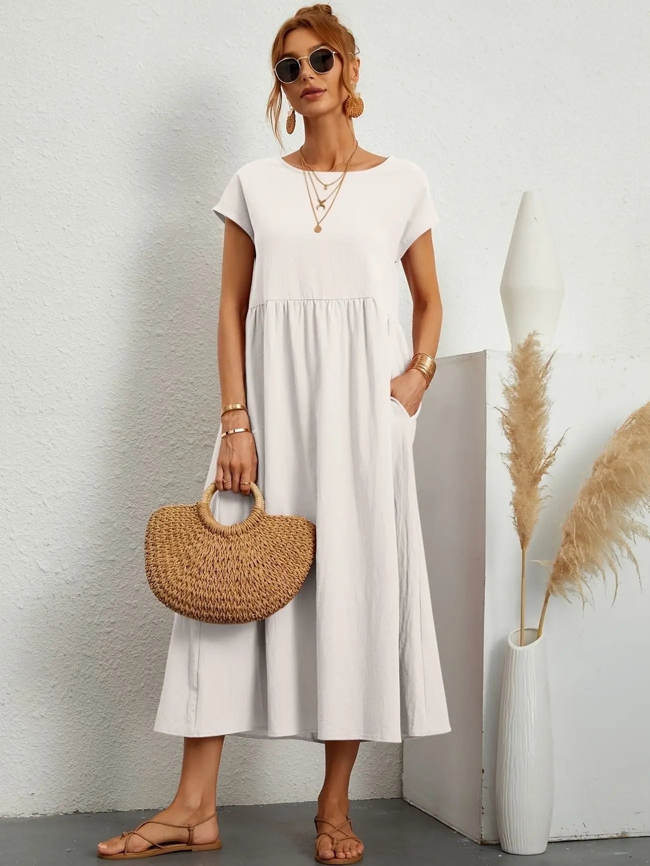 Midi Dress Round Neck Short Sleeve Pleated Empire Waist - White
