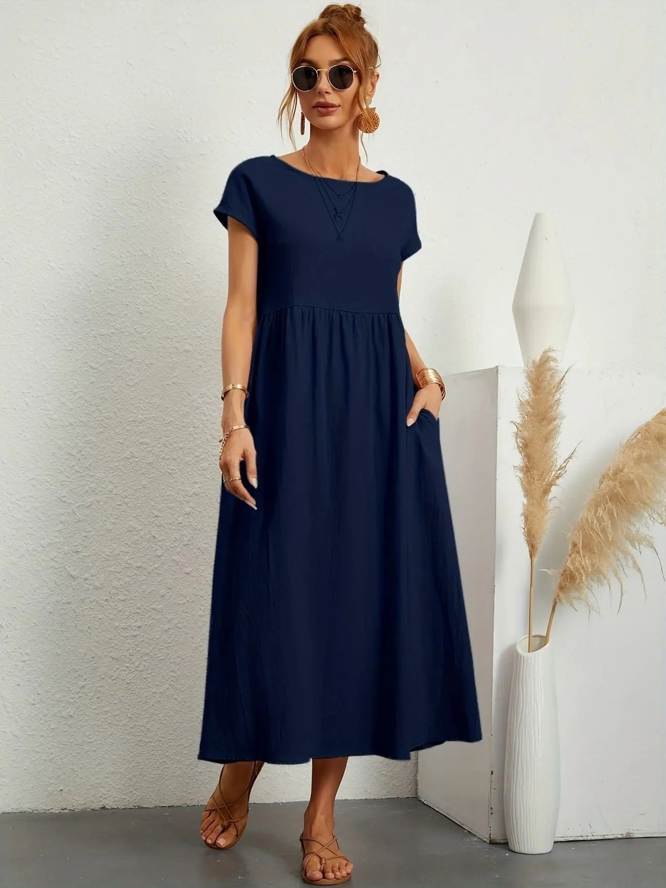 Midi Dress Round Neck Short Sleeve Pleated Empire Waist - Dark Blue