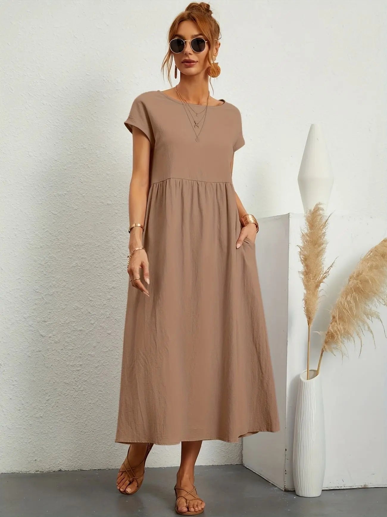 Midi Dress Round Neck Short Sleeve Pleated Empire Waist - Khaki