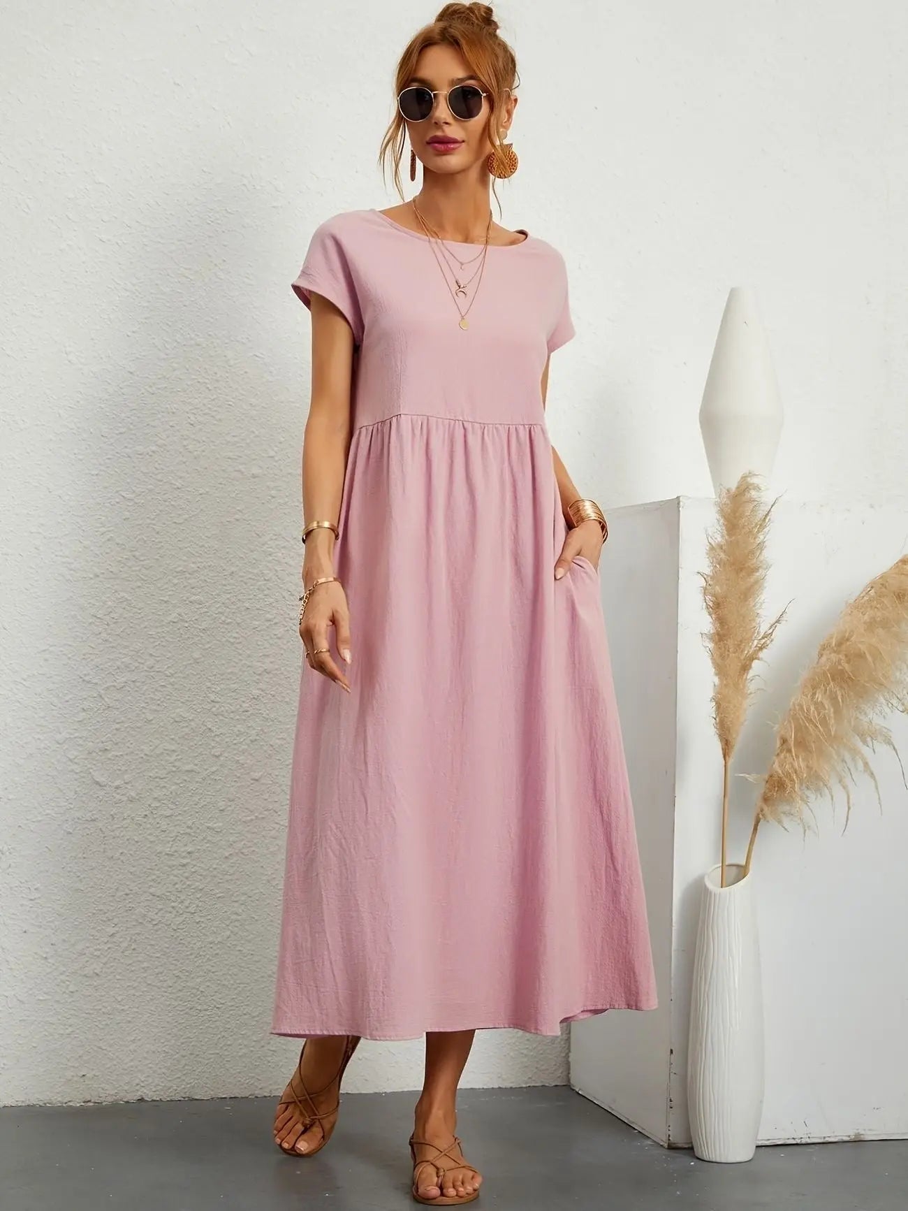 Midi Dress Round Neck Short Sleeve Pleated Empire Waist - Pink