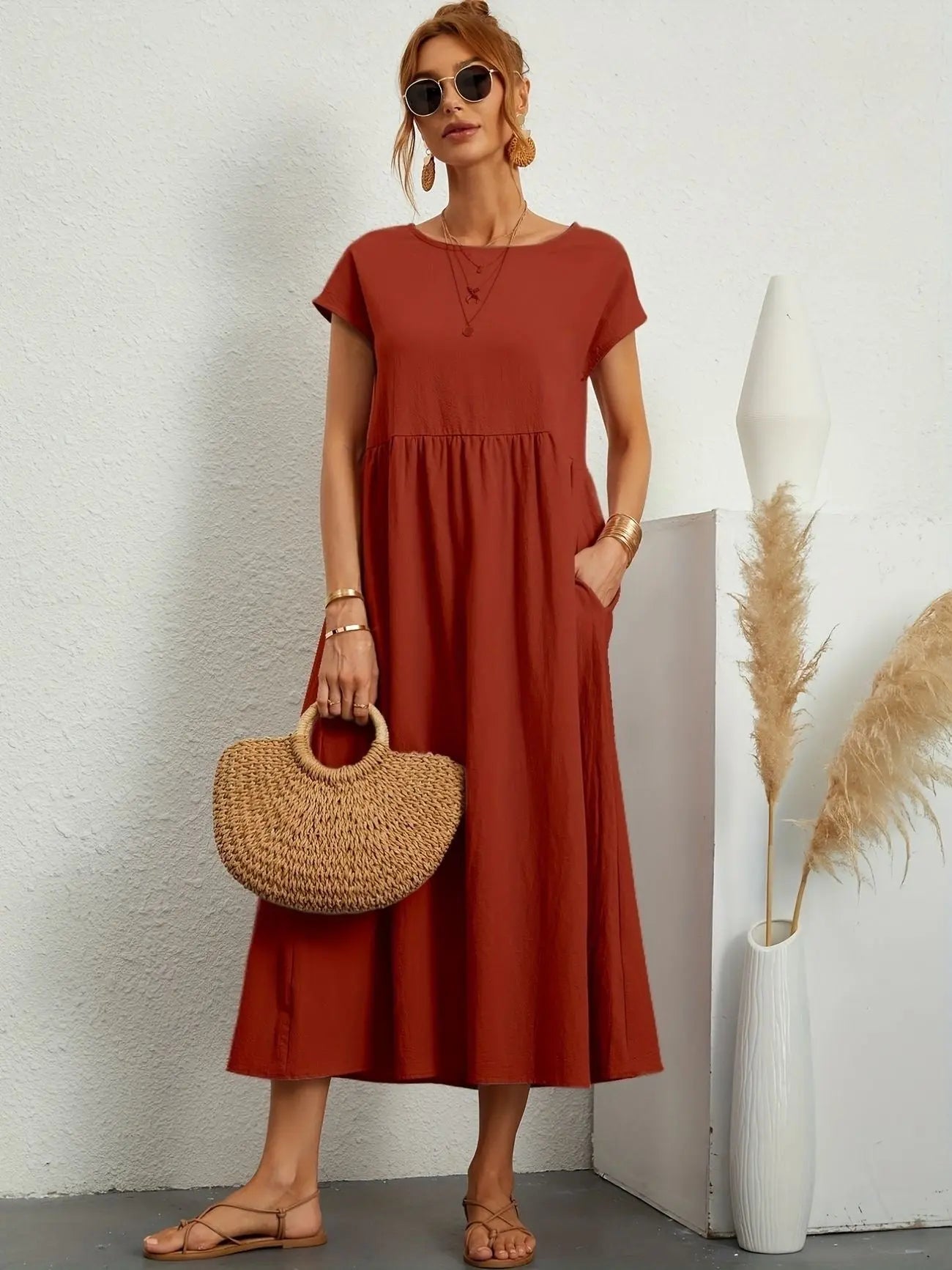 Midi Dress Round Neck Short Sleeve Pleated Empire Waist - Orange